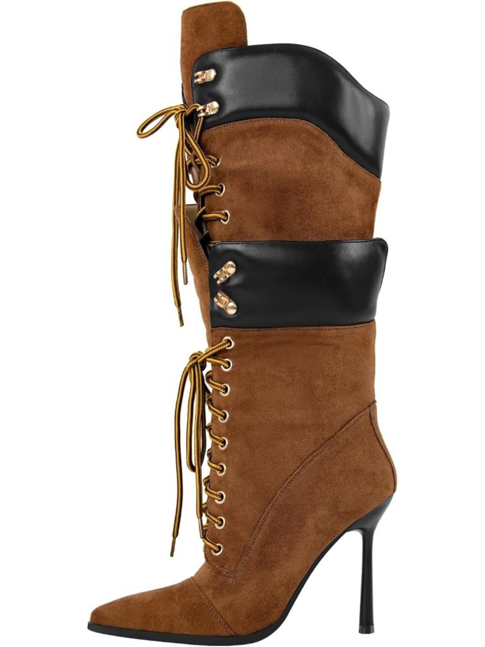Women's Suede Brown Double Lace Pointed Toe Stilettos Strappy Knee High Boots